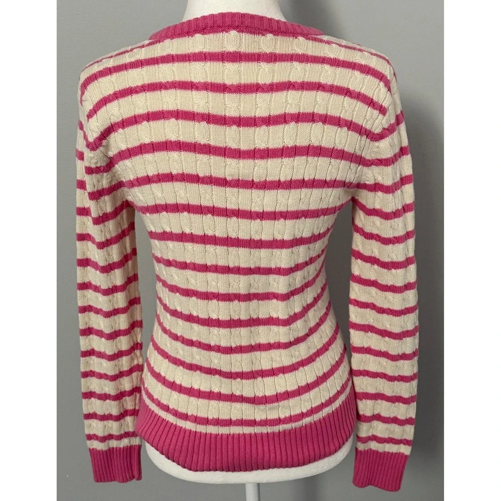Lilly Pulitzer Women's Medium Striped‎ Cable Knit Pink Ivory Cotton Sweater - Picture 6 of 9